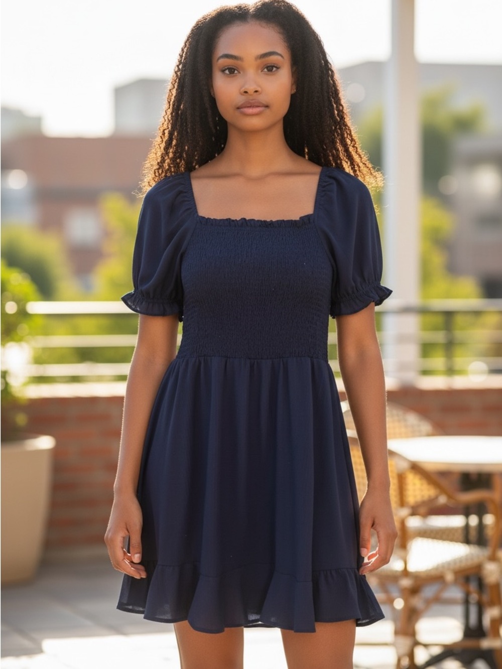 Michael Kors Navy Smocked Square-Neck Mini with Puff Sleeves